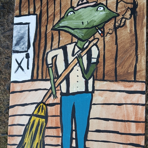 Frog Sweeping Porch Painting Folk Art Original - Picture 8 of 10
